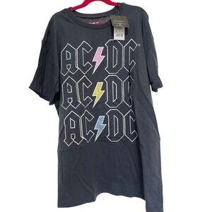 AC/DC Womens Gray Graphic T-Shirt Glitter Lightning Bolt Rock Band Tee Large NEW